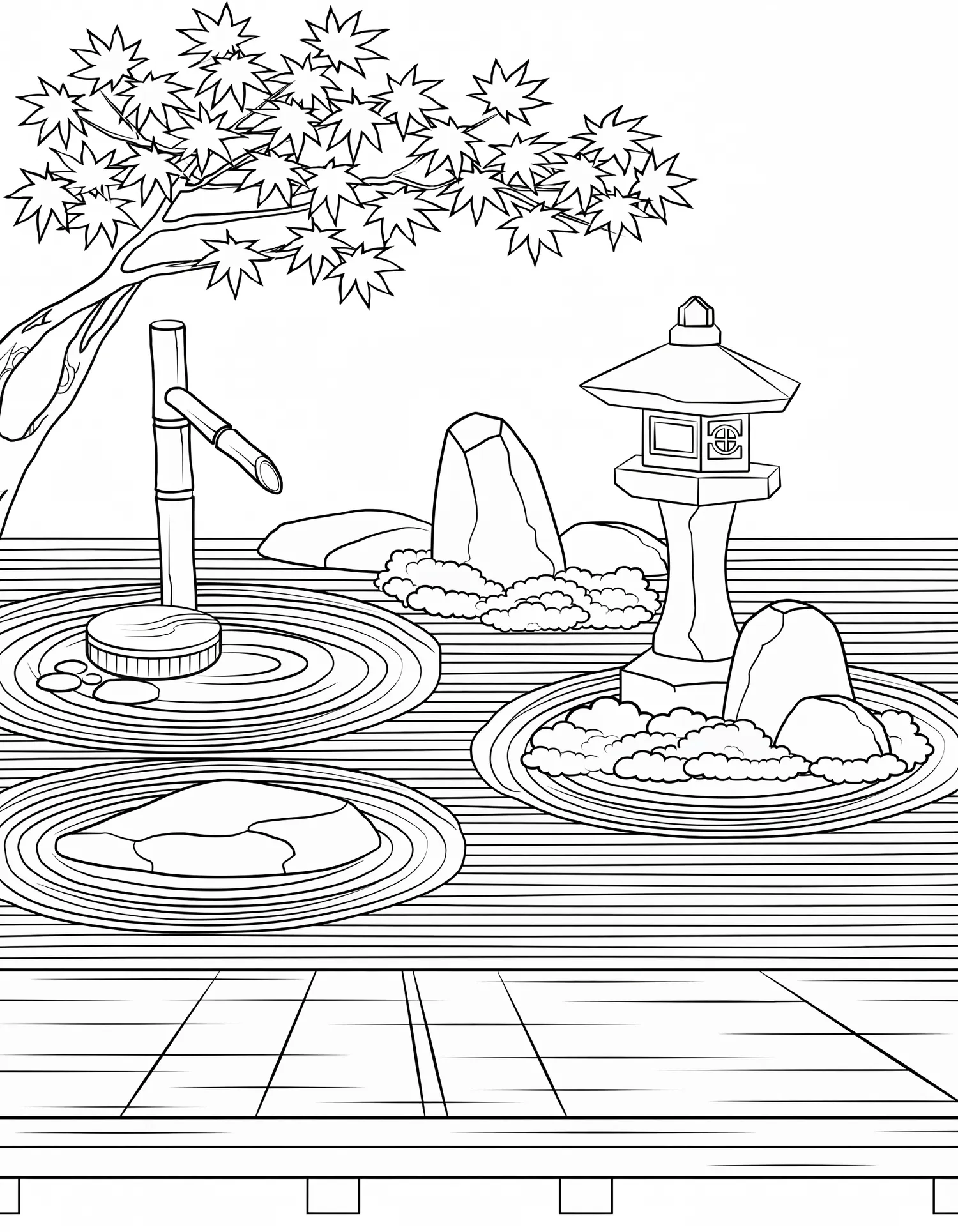 Jardin Zen — Coloriage paysage à imprimer gratuitement